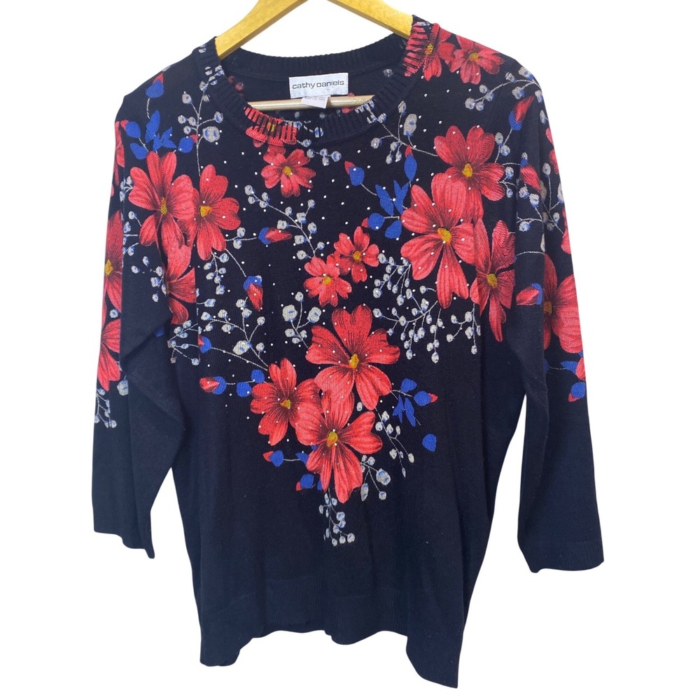Women's Floral Sweater Large Black Red Blue Sparkle Lightweight Knit Romantic